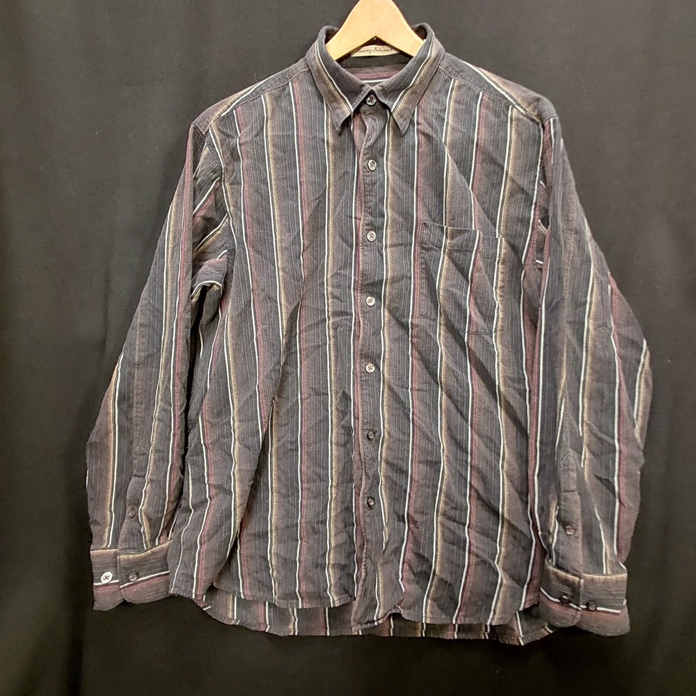 Tommy Bahama Mens 86% Silk 14% Wool Stripe Long Sleeve Button Shirt Charcoal L